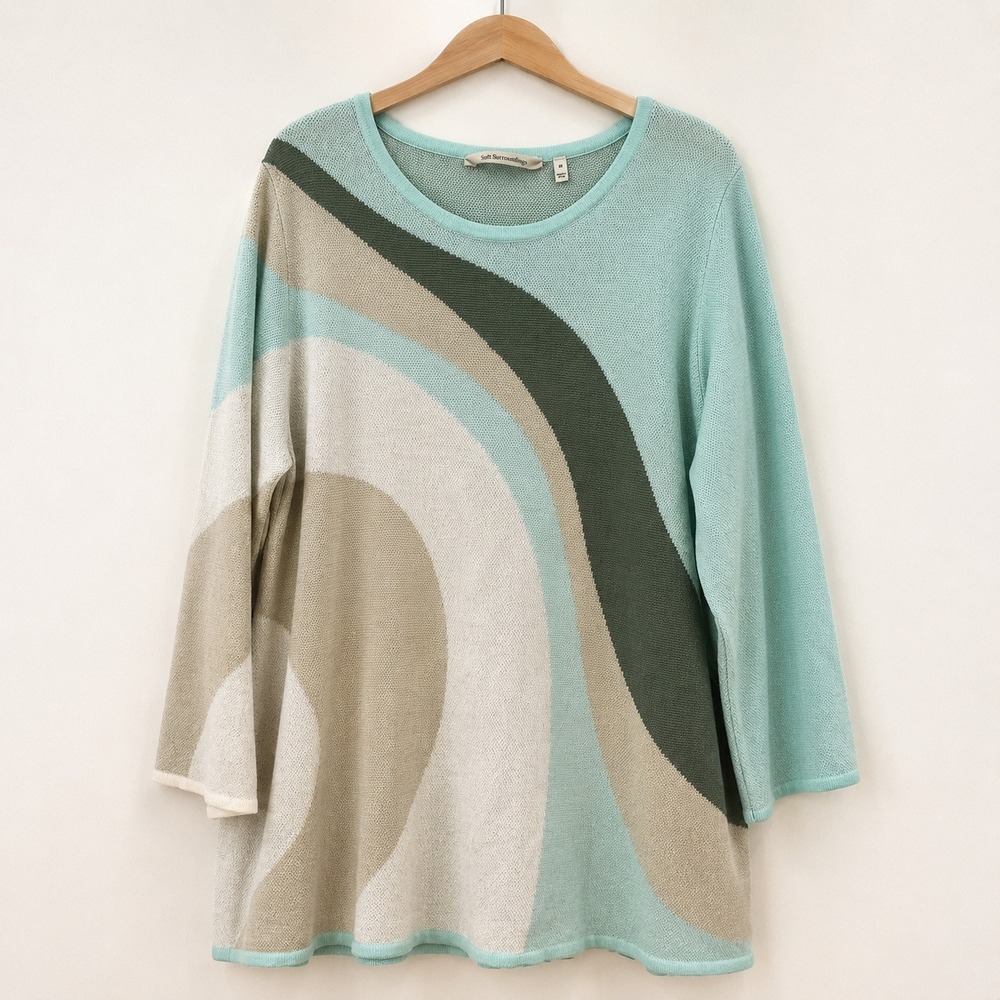 Soft Surroundings Coastal Grandma Abstract Swirl Sweater Women XL Boho Chic Mint